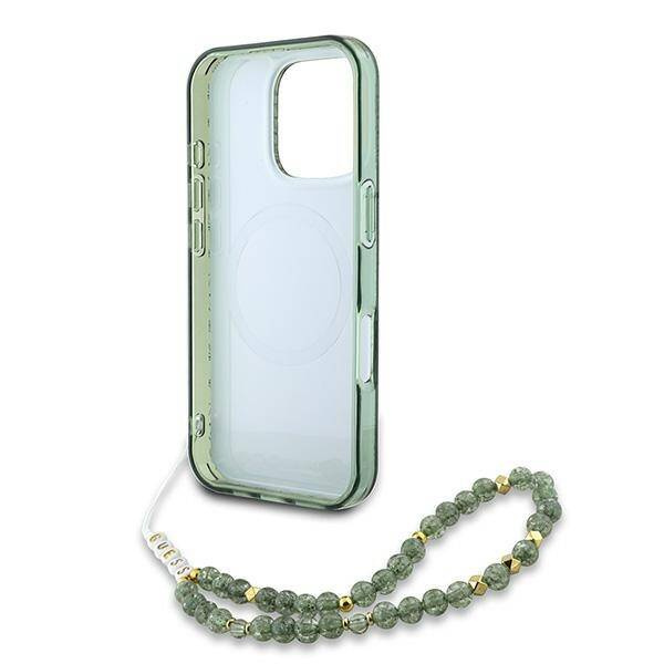 Etui Guess iPhone 16 Pro 6.3" zielony/green hardcase IML Flowers Allover Electro With Pearl Strap MagSafe