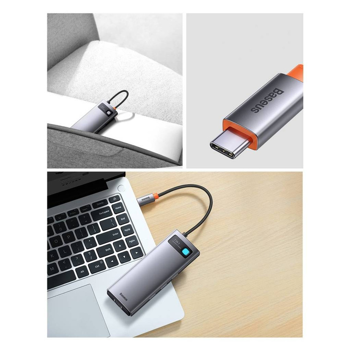 Baseus Metal Gleam Series stacja dokująca HUB 7 w 1 USB Typ C - 1 x HDMI / 1 x VGA / 3 x USB 3.2 Gen. 1 / 1 x Power Delivery / 1 x RJ-45 Ethernet szary (WKWG040013)