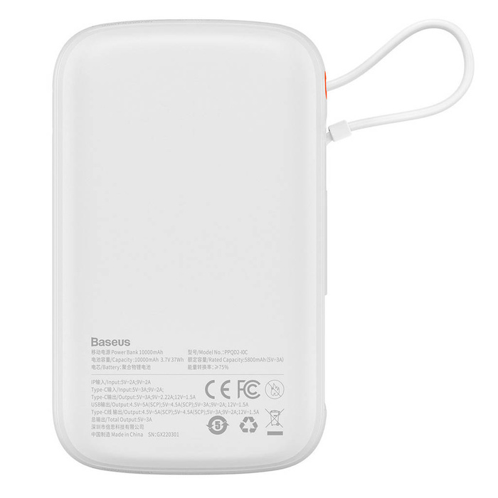 Baseus Qpow power bank 10000mAh wbudowany kabel USB Typu C 22.5W Quick Charge SCP AFC FCP biały (PPQD020102)