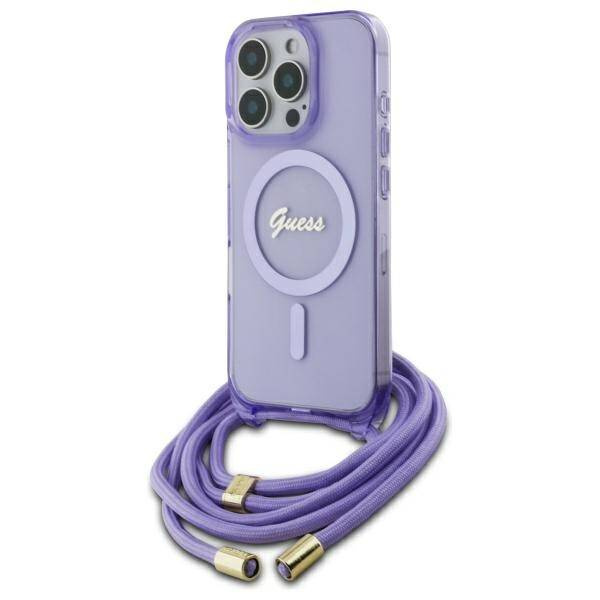 Etui Guess iPhone 16 Pro Max 6.9" fioletowy/purple hardcase Crossbody Cord Script MagSafe