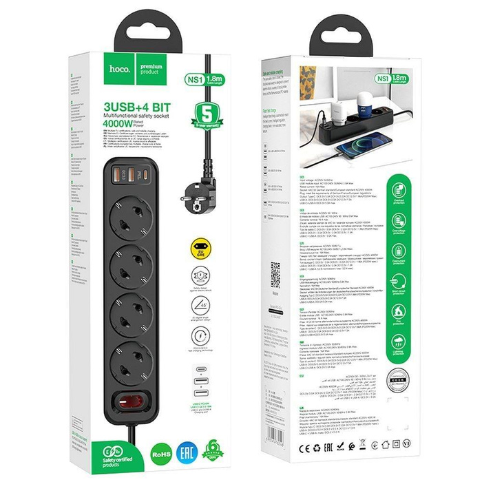 HOCO listwa zasilająca 4-gniazdowa + 2 x USB QC3.0 18W + Typ C PD 20W Aura NS1 czarna