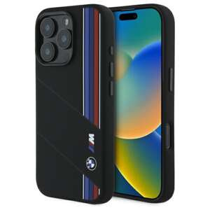 Etui BMW iPhone 16 Pro czarny/black hardcase Silicone Cut Tricolor Lines MagSafe