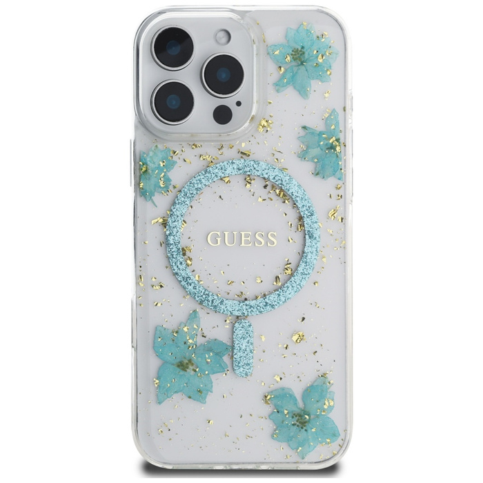 Etui Guess Resin Flowers Glitter MagSafe do iPhone 16 Pro Max turkusowy