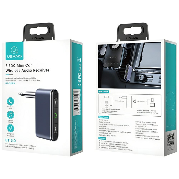 USAMS Adapter audio Bluetooth 5.0 - jack 3.5mm szary/grey SJ519JSQ01 (US-SJ519)