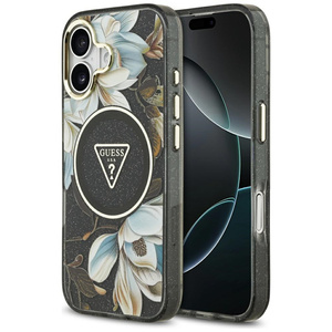 Etui Guess IML Glitter Flowers Triangle  MagSafe do iPhone 17 czarny