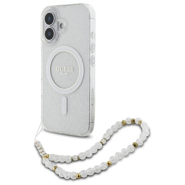 Etui Guess iPhone 16 6.1" przeźroczysty/transparent hardcase IML Glitter With Pearl Strap MagSafe
