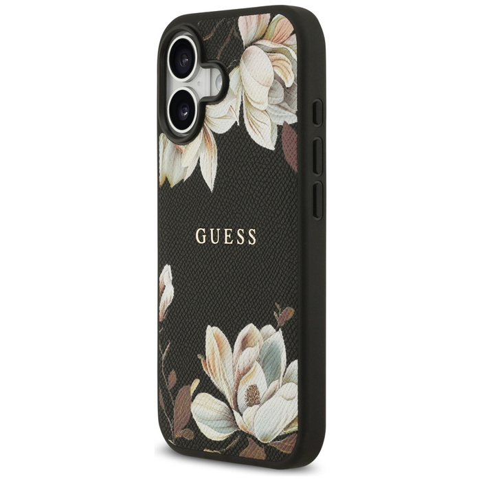 Etui Guess Grained Flowers Classic Logo  MagSafe do iPhone 17 czarny