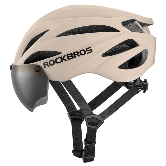 Kask rowerowy Rockbros z szybką, odpinane okulary z ochroną UV, unisex - brązowy