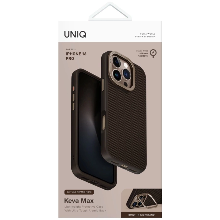 Etui UNIQ Keva Max do iPhone 16 Pro      Magclick Charging Camera Stand brązowy