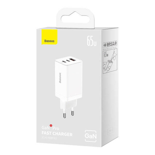 Szybka ładowarka sieciowa GaN 2 x USB C 1 x USB 65W Baseus GaN5 Pro + kabel USB C - USB C 100W - biała