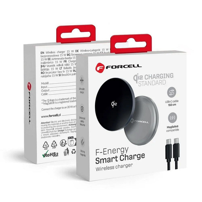 Ładowarka indukcyjna Forcell F-Energy Smart Charge USB C Qi2 15W zgodna z MagSafe z odpinanym kablem 1,5 m srebrna
