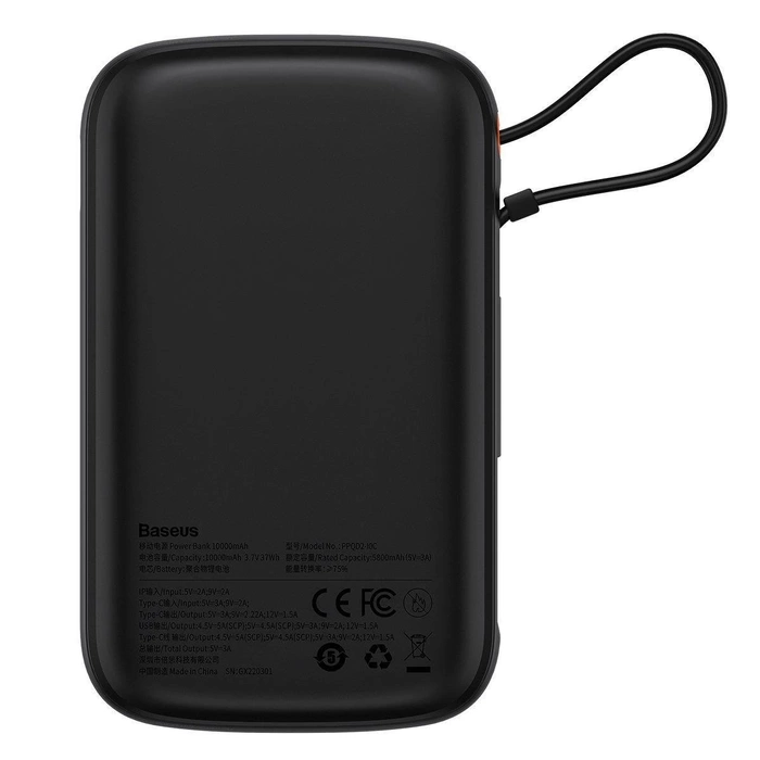 [PO ZWROCIE] Baseus Qpow Digital Display powerbank z szybkim ładowaniem 10000mAh 22,5W QC/PD/SCP/FCP z wbudowanym kablem USB-C czarny