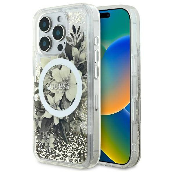Etui Guess iPhone 16 Pro Max 6.9" beżowy/beige hardcase Liquid Glitter Flower MagSafe