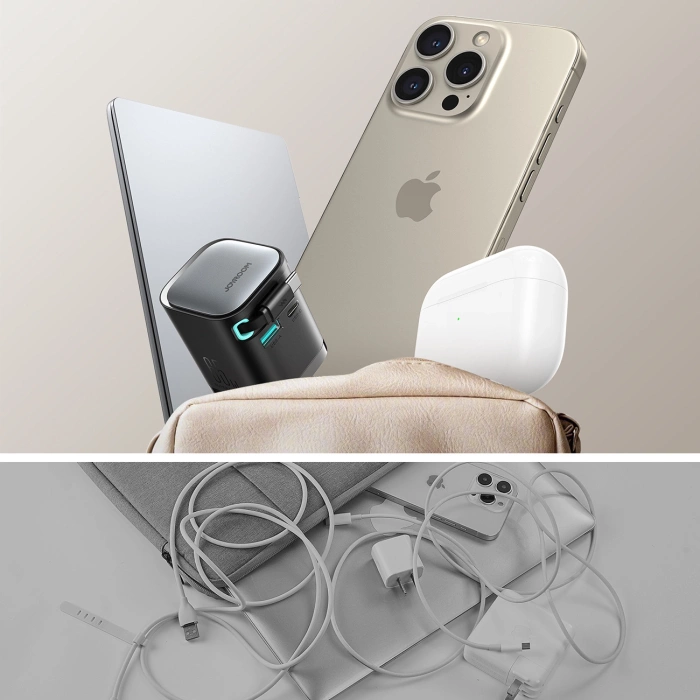 Ładowarka GaN Joyroom JR-TCL02 65W USB-A USB-C z wbudowanym kablem USB-C Czarna