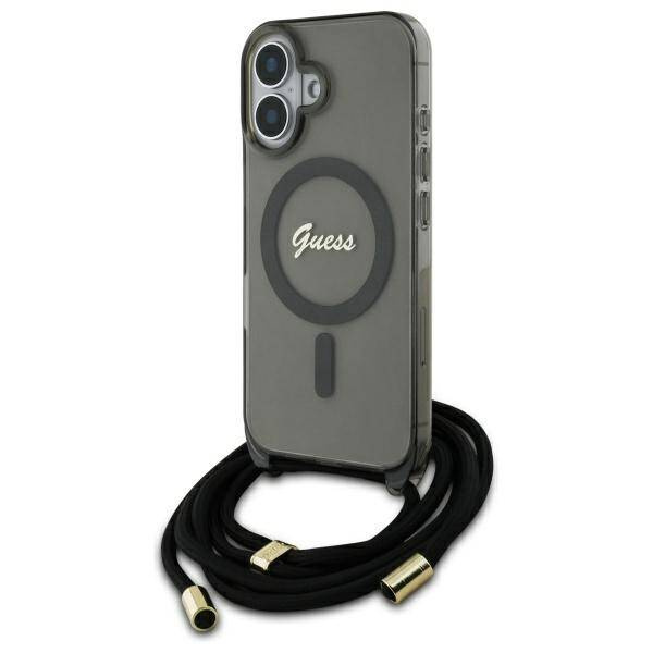 Etui Guess iPhone 16 6.1" czarny/black hardcase Crossbody Cord Script MagSafe
