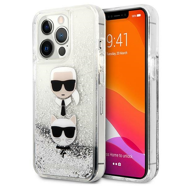 Etui KARL LAGERFELD Apple iPhone 13 Pro Max Liquid Glitter Karl&Choupette Head Srebrny Hardcase