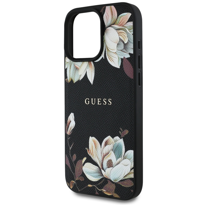 Etui Guess Grained Printed Flower         Pattern MagSafe do iPhone 16 Pro czarny