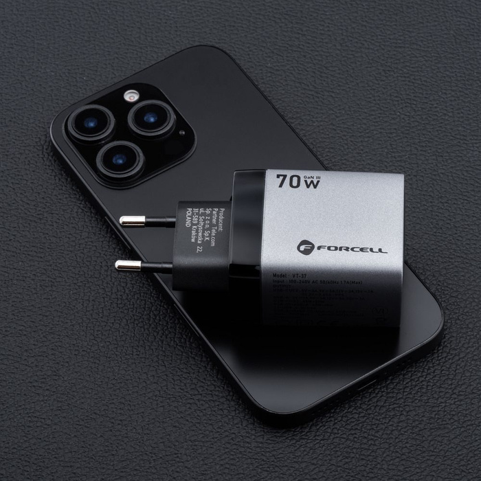 Ładowarka sieciowa do telefonu Forcell F-Energy GaN III 2 x USB C + USB A QC4.0 3,45A PD 70W SAM SFC2.0 z wyświetlaczem LCD VT-37 szara