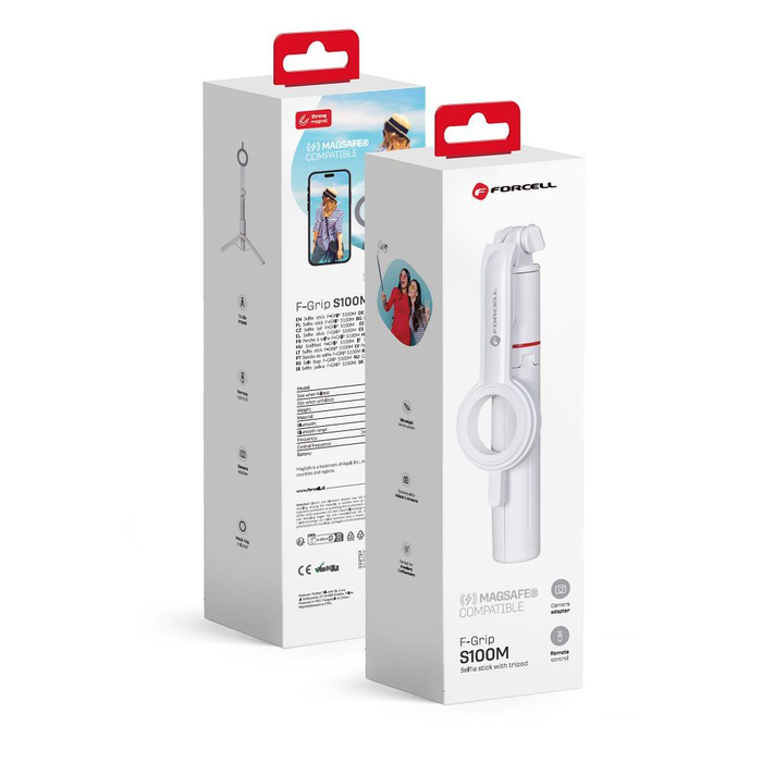 Selfie stick Forcell F-Grip MagSelfie S100M zgodny z MagSafe z pilotem bezprzewodowym biały 0INT