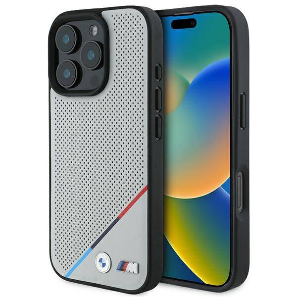Etui BMW iPhone 16 Pro 6.3" szary/grey hardcase M Perforated Tricolor Line MagSafe