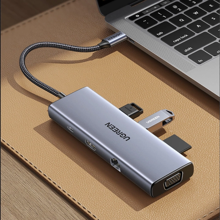 Hub USB-C Ugreen CM498, 3x USB 3.0, HDMI 4k 30Hz, VGA, RJ45, SD/TF, PD 100W (szary)