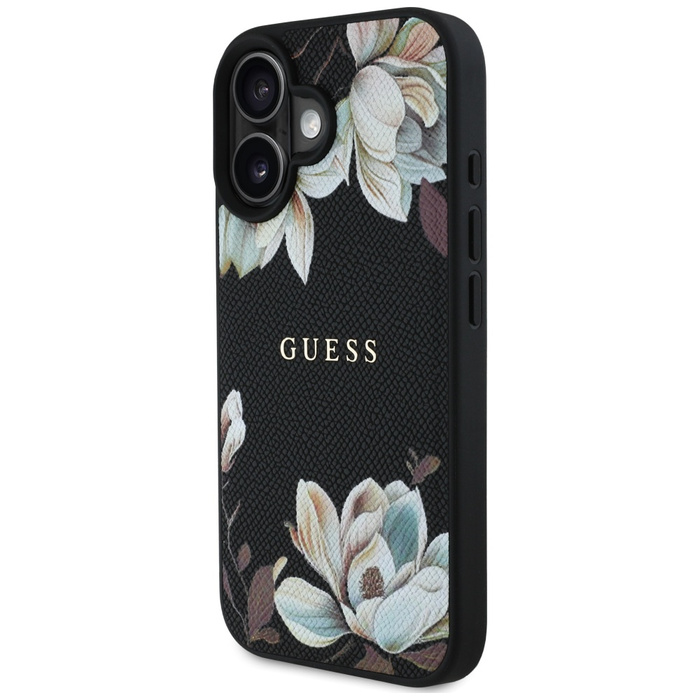Etui Guess Grained Printed Flower         Pattern MagSafe do iPhone 16 czarny