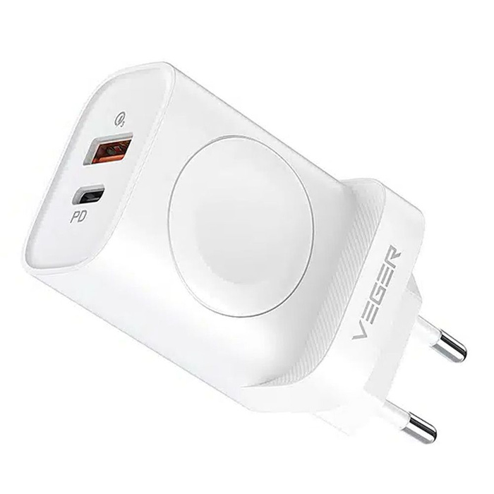 Ładowarka sieciowa do telefonu VEGER USB A + Typ C + ładowarka indukcujna kompatybilna z Apple Watch PD QC3.0 3A 25W W002E biała