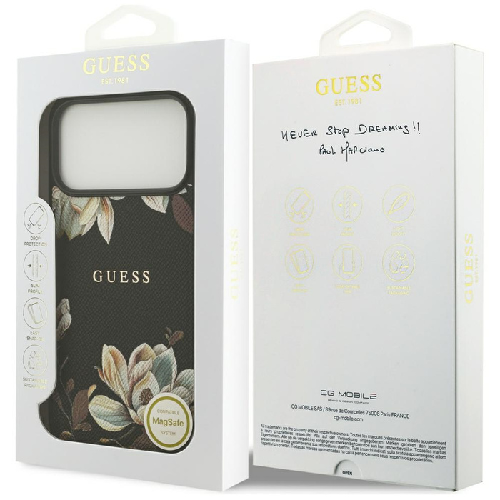 Etui Guess Grained Flowers Classic Logo  MagSafe do iPhone 17 Pro Max czarny