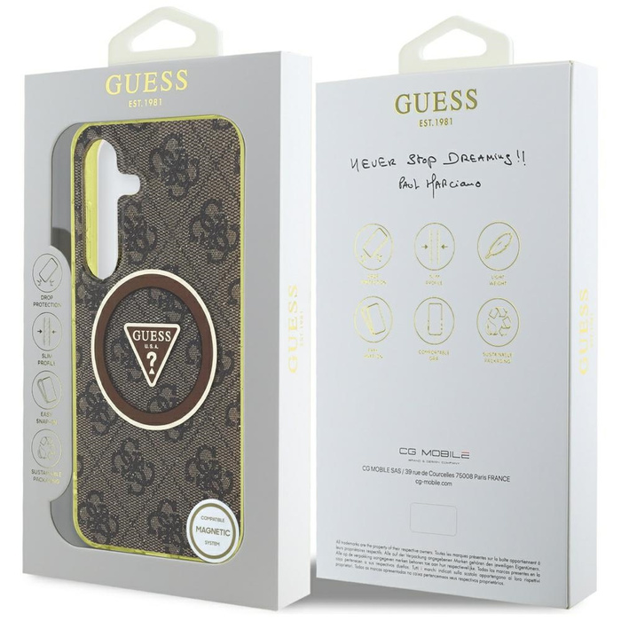 Etui Guess 4G Glitter Triangle Buttons    MagSafe do Samsung Galaxy S25 brązowy