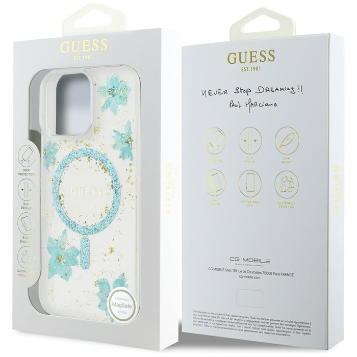 Etui Guess Resin Flowers Glitter MagSafe do iPhone 16 Pro Max turkusowy