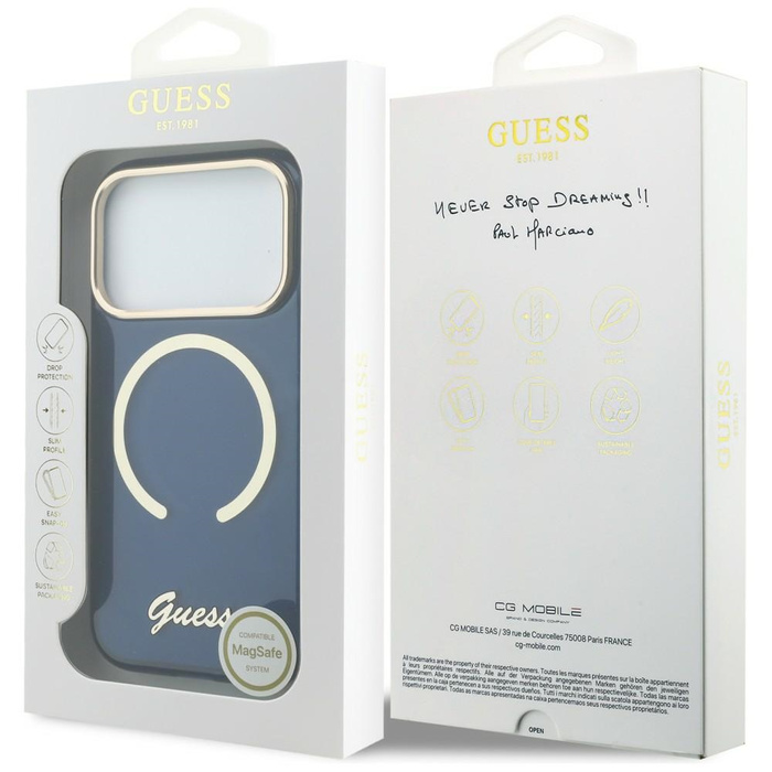 Etui Guess IML Script Metal MagSafe do   iPhone 17 Pro Max niebieski