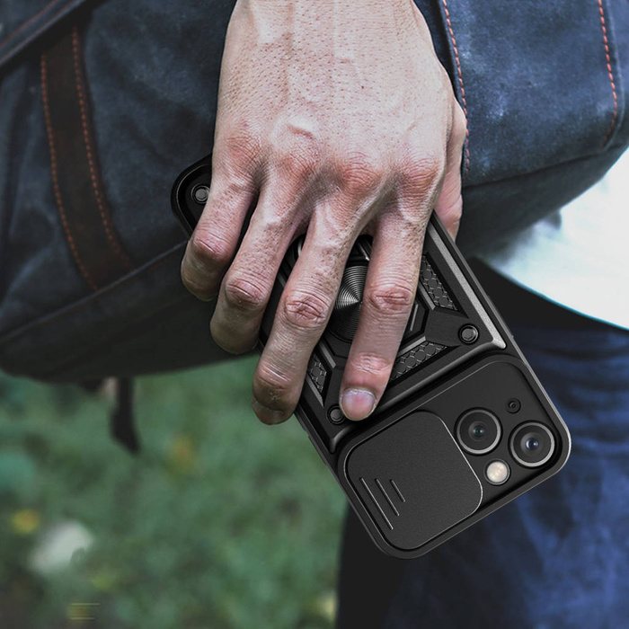Etui Pancerne etui z podstawką i osłoną aparatu do iPhone 15 Hybrid Armor Camshield - niebieskie Case