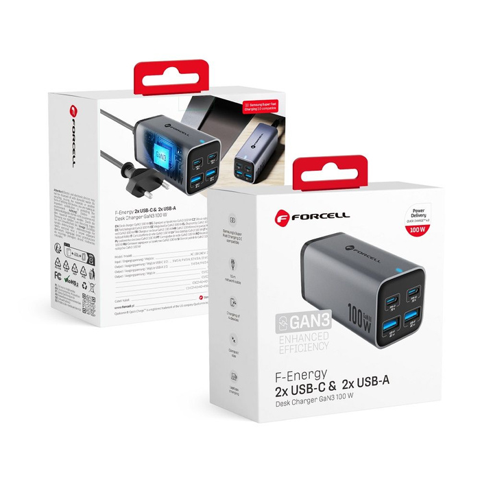 Ładowarka biurkowa Forcell F-Energy GaN III 2 x USB C + 2 x USB A QC4.0 PD 5A 100W VT-49 szara