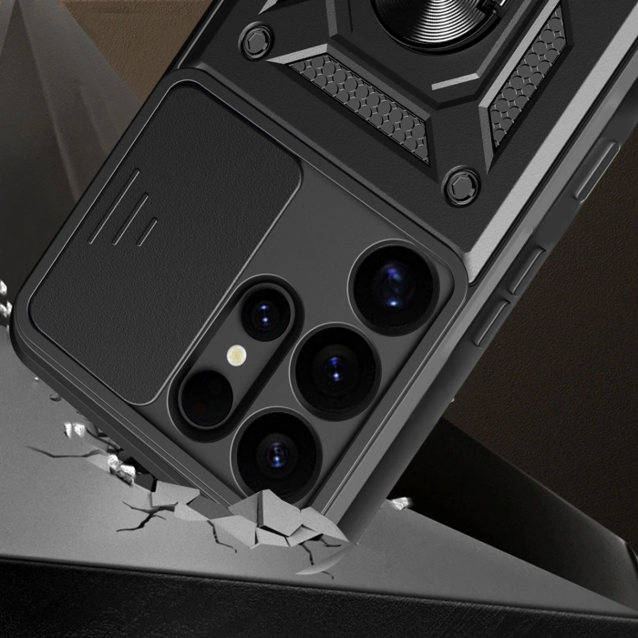 Etui pancerne Hybrid Armor Camshield z osłoną aparatu i metalowym ringiem do Samsung Galaxy S25 Ultra - czarne