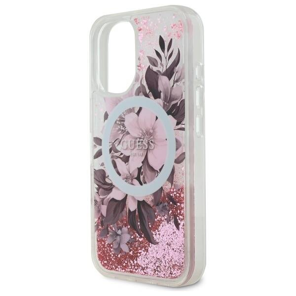Etui Guess iPhone 16 6.1" różowy/pink hardcase Liquid Glitter Flower MagSafe