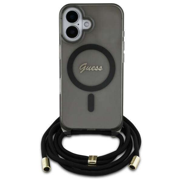 Etui Guess iPhone 16 6.1" czarny/black hardcase Crossbody Cord Script MagSafe