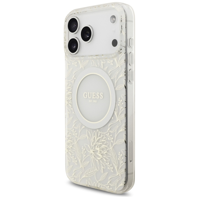 Etui Guess IML Flowers Electro Pearl     Strap MagSafe do iPhone 17 Pro Max biały