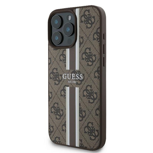 Etui Guess iPhone 16 Pro 6.3" brązowy/brown hardcase 4G Printed Stripes MagSafe