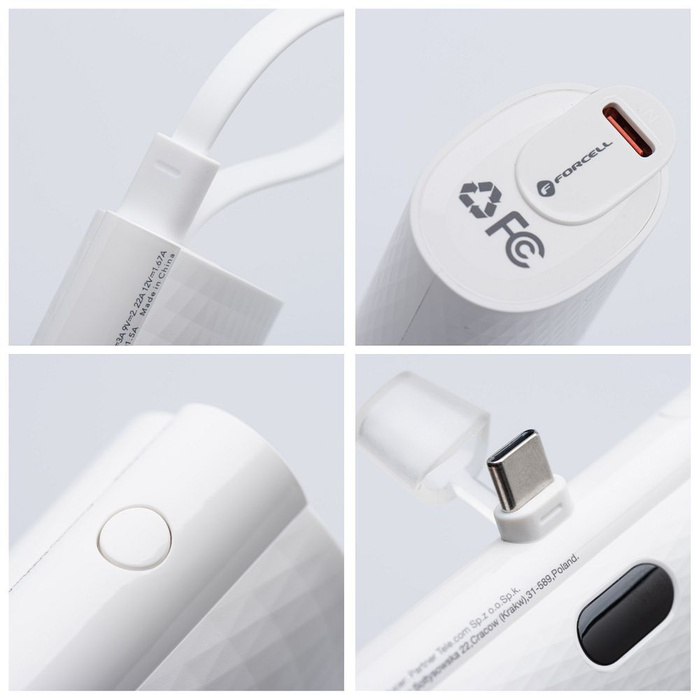 Powerbank Forcell F-Energy Power Plug F5K3 PD 20W 5000 mAh z wbudowanym złączem USB C biały
