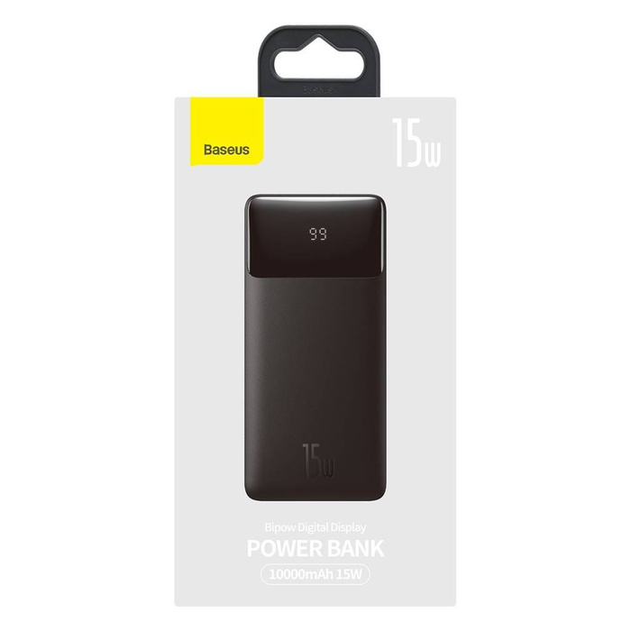 Baseus Bipow powerbank z wyświetlaczem 10000mAh 15W czarny (Overseas Edition) + kabel USB-A - Micro USB 0.25m czarny (PPBD050001)