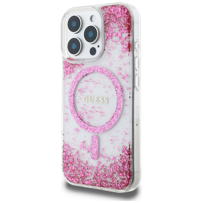 Etui Guess HC Resin Bottom Glitter do     iPhone 16 Pro MagSafe różowy