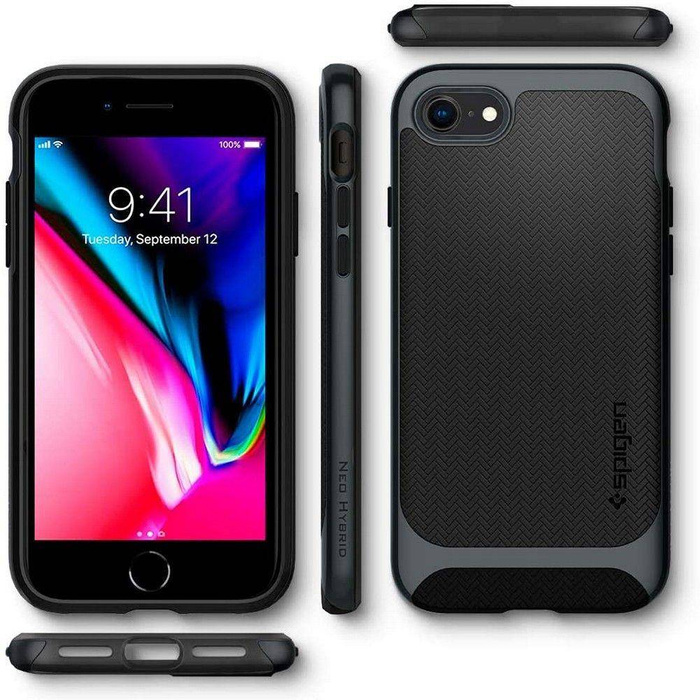 Etui Spigen iPhone SE 2022 2020 7 8 Neo Hybrid Metal Slate Szare Case + Szkło SPIGEN Glas.Tr Slim