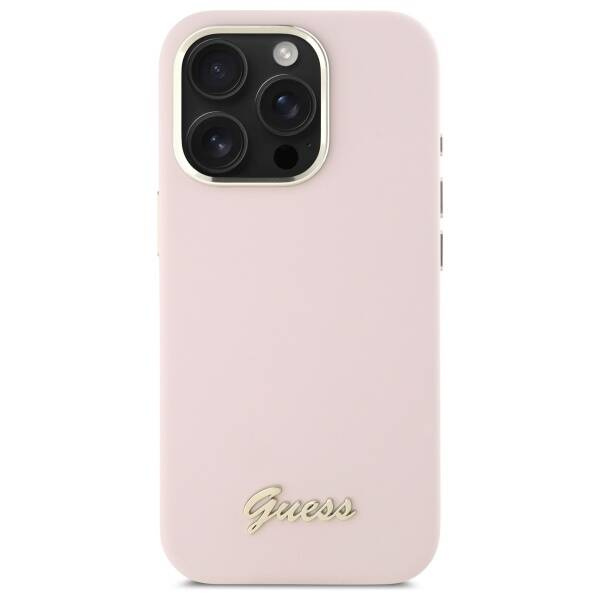 Etui Guess iPhone 16 Pro Max różowy/pink hardcase Silicone Script Metal Logo & Frame