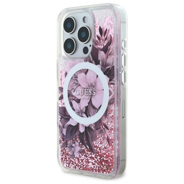 Etui Guess iPhone 16 Pro Max 6.9" różowy/pink hardcase Liquid Glitter Flower MagSafe