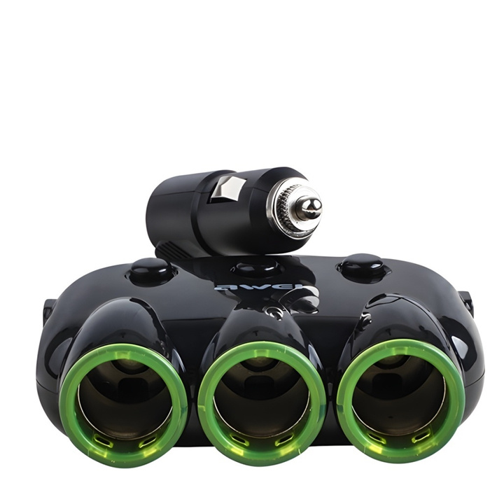 Ładowarka Samochodowa AWEI Rozgałęźnik Samochodowy 2 USB C-35 3 Gniazda Zapalniczki 12V Czarny