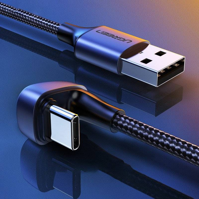 Ugreen nylonowy kątowy kabel przewód USB - USB Typ C 1m 3A 18W Quick Charge AFC FCP dla graczy szary (70313)