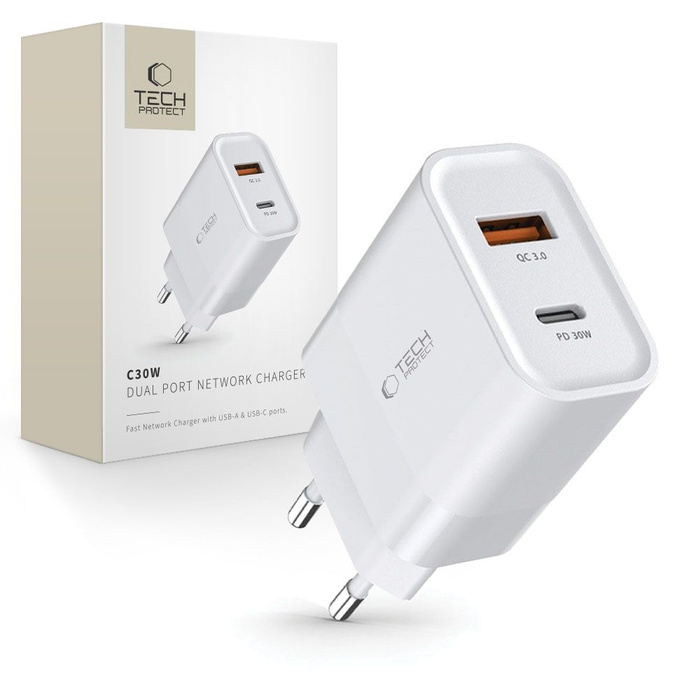 ŁADOWARKA TECH-PROTECT C30W 2-PORT NETWORK CHARGER PD30W/QC3.0 WHITE