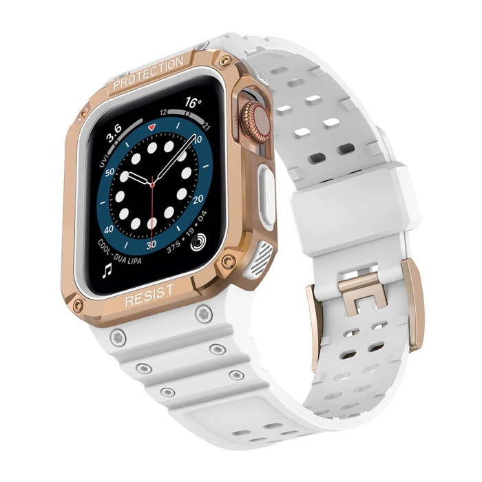 Pasek z etui ochronnym Protect Strap Band do Apple Watch 38 / 40 / 41 mm opaska obudowa pancerna - biały, różowe złoto