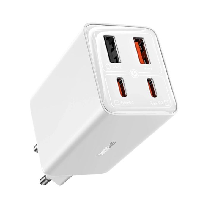 Ładowarka Baseus GaN6 Pro 65W 2 x USB-C 2 x USB-A z czarnym kablem USB-C 100W 1m - biała