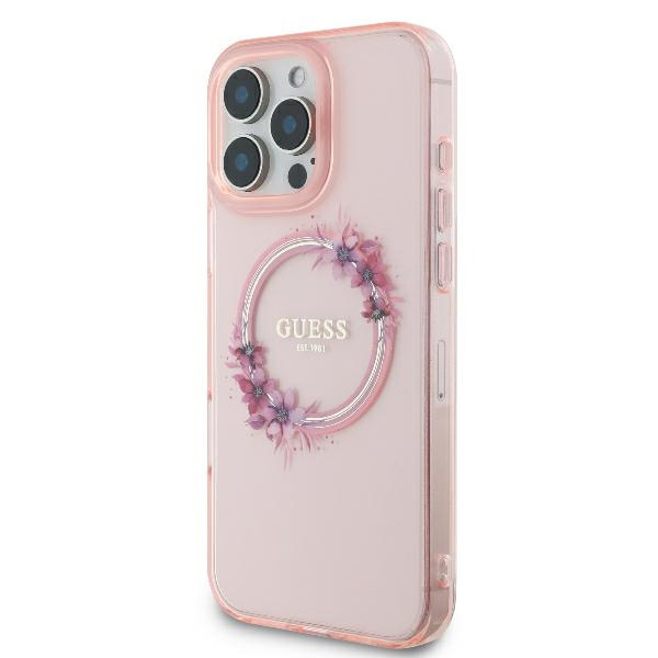 Etui Guess iPhone 16 Pro 6.3" różowy/pink hardcase IML Flowers Wreath MagSafe